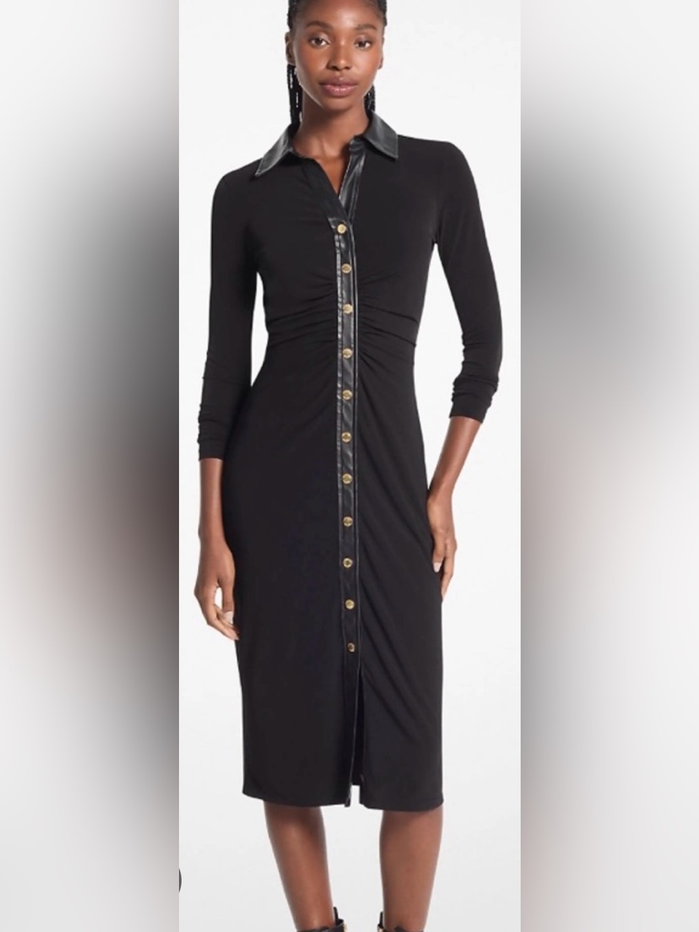 Michael Kors Button-Front Midi Shirt Dress with Faux Leather Trim - Picture 2 of 9